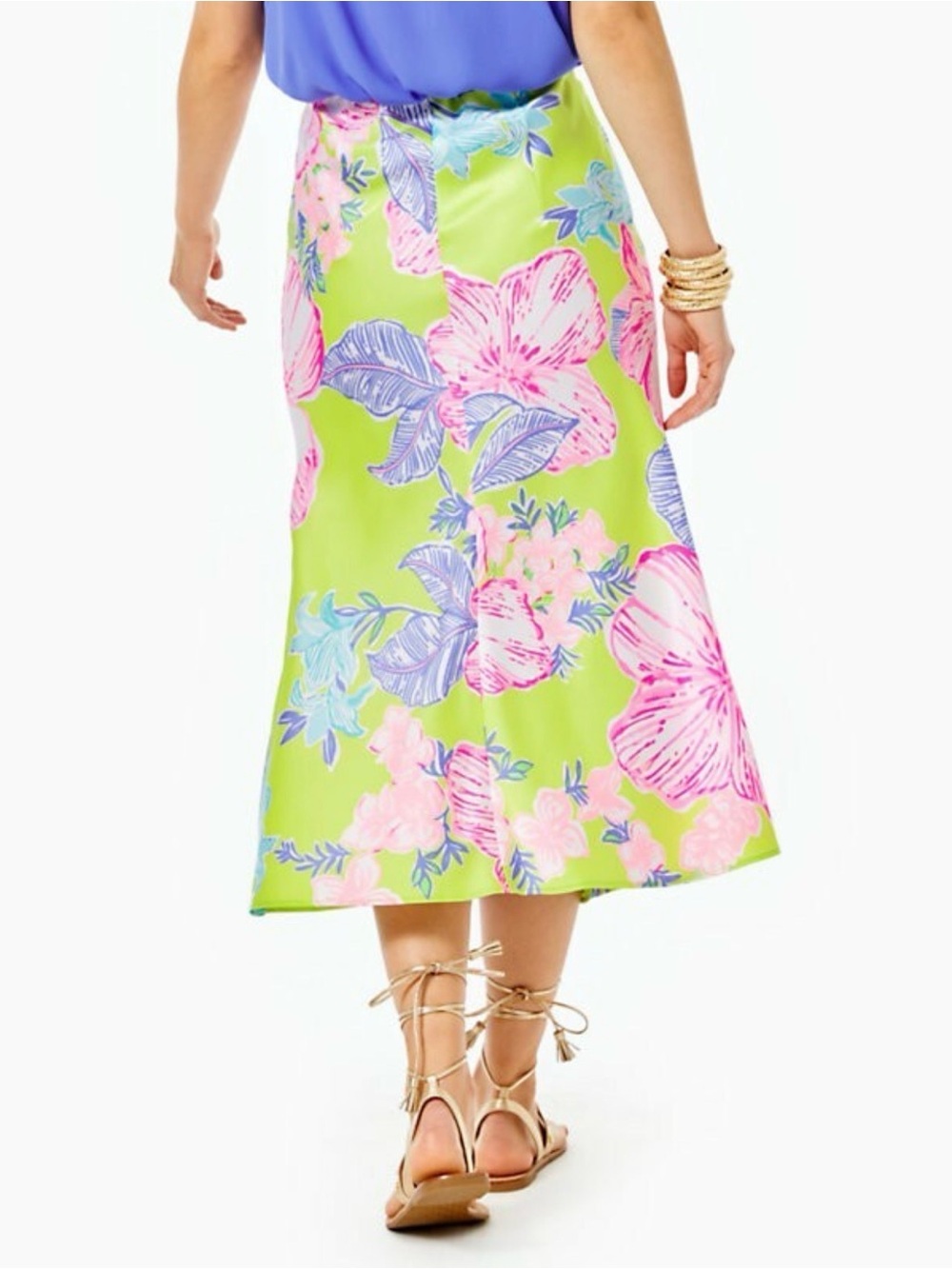 Lilly Pulitzer Lime Green Floral Midi Skirt with Pink & Purple Blooms